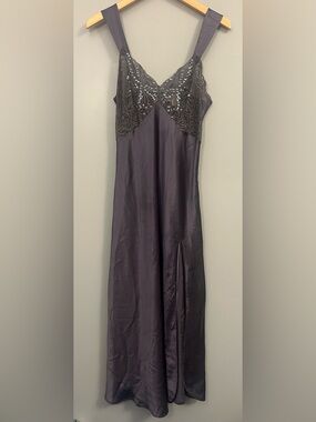 Victoria's Secret Vintage Gold Label Charcoal Satin Lace-Trim Slip Dress Small